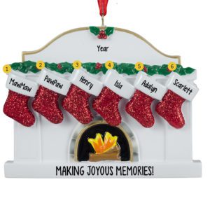 Image of Grandparents + 4 Grandkids Fireplace Glittered Stockings Ornament