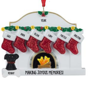 Grandparents And 4 Grandkids With Pet Fireplace Glittered Stockings Ornament