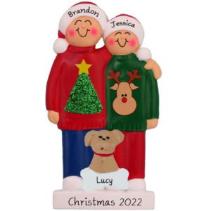 Personalized Ugly Sweater Couple + Dog Ornament