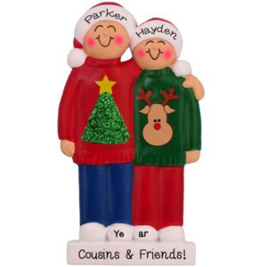 Two Cousins Wearing Ugly Christmas Sweaters Ornament