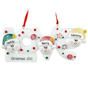 Snow Family Of 3 On LOVE Personalized Ornament