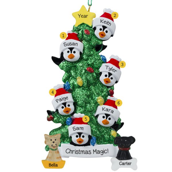 Image of Personalized Family Of 6 + 2 Pets Penguins Glittered Tree Ornament