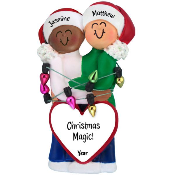 African American Female Caucasian Male Couple Tangled In Lights Ornament
