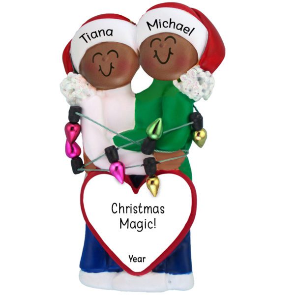 Personalized African American Couple Tangled In Lights Ornament