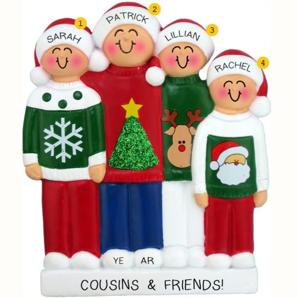Four Cousins Wearing Ugly Christmas Sweaters Ornament