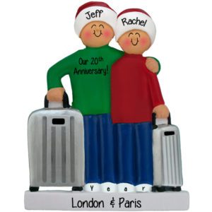 Couple Celebrating Anniversary Holding Rolling Suitcases Ornament