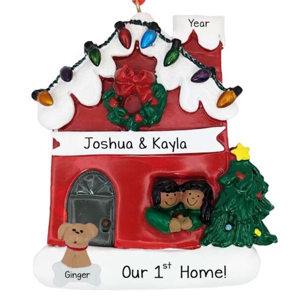 Couple With DOG House Lights Ornament AFRICAN AMERICAN