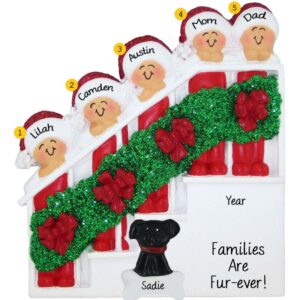 Personalized Family Of 5 + Dog Christmasy Stairs Ornament