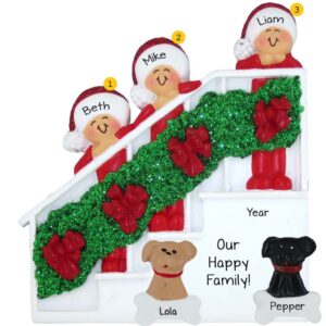 Personalized Family Of 3 + 2 Dogs Christmas Bannister Glittered Ornament