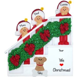 Personalized Family Of 3 + 1 Dog Christmas Bannister Glittered Ornament