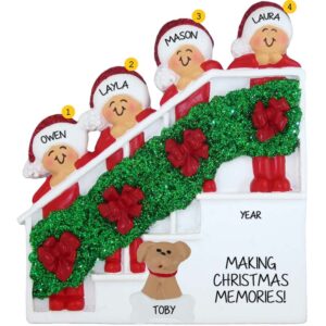 Personalized Family Of 4 + Dog Christmasy Stairs Ornament