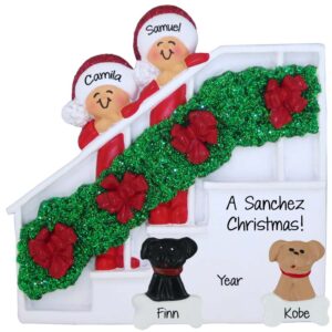 Image of Couple With 2 Dogs On Christmas Bannister Glittered Ornament