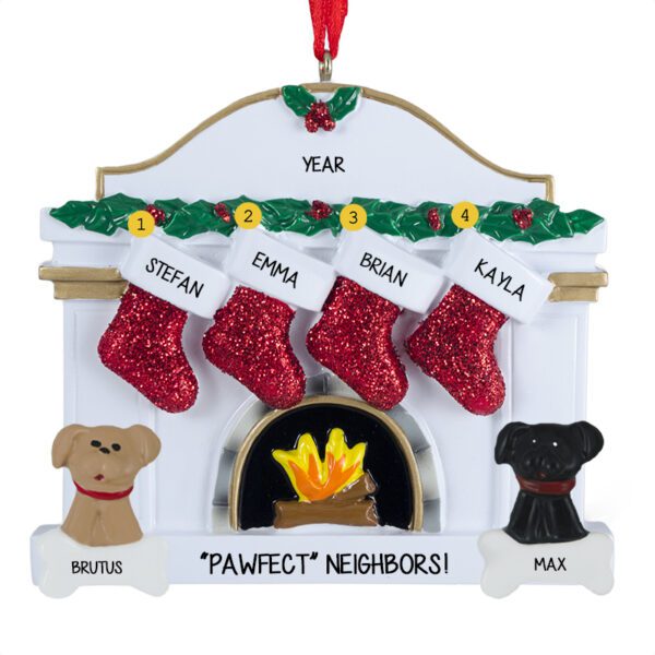 Neighbors Family of 4 + 2 Dogs Fireplace Ornament