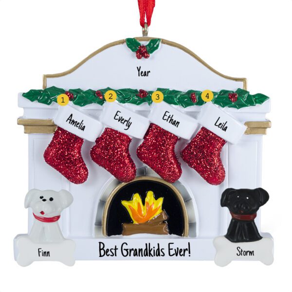 Personalized Four Grandkids + 2 Dogs White Fireplace Ornament