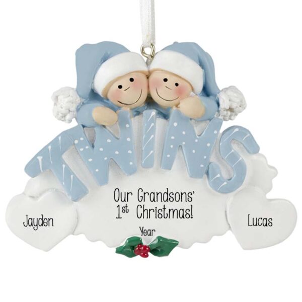 Twin Grandsons' First Christmas BLUE Letters Ornament