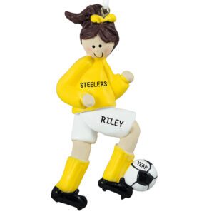 Soccer Player Girl YELLOW Shirt Personalized Ornament BRUNETTE