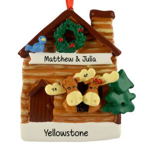 Image of Travel Cabin Moose Couple Personalized Christmas Ornament
