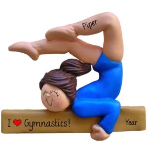 I Love Gymnastics Girl On Balance Beam BLUE Leotard Ornament BRUNETTE