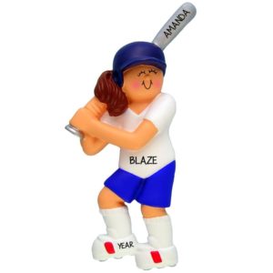 Image of Softball Player Holding Silver Bat Personalized Ornament BRUNETTE