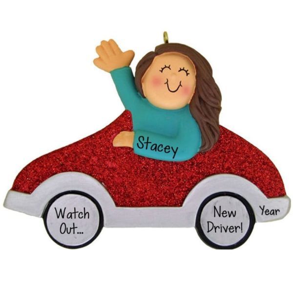 Personalized New Driver BRUNETTE Girl In RED Car Ornament