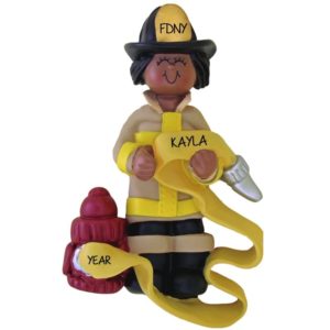 AFRICAN AMERICAN FEMALE Firefighter Holding Hose Ornament