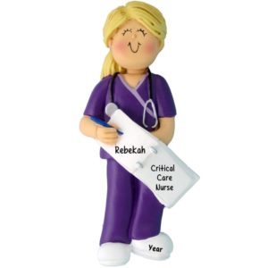 Personalized Nurse Wearing PURPLE Scrubs Ornament Female BLONDE