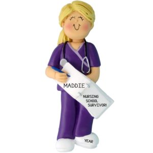 Nurse Graduation PURPLE Scrubs Ornament BLONDE FEMALE
