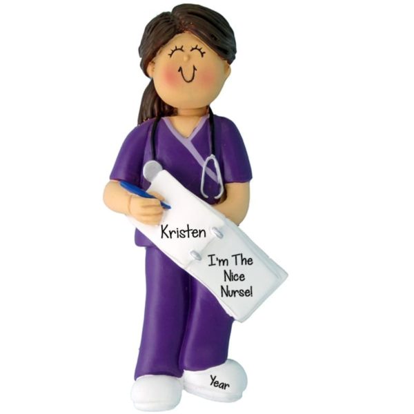 Personalized Nurse Wearing PURPLE Scrubs Ornament Female BRUNETTE