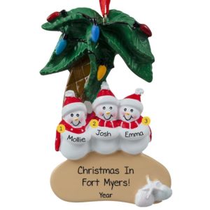 Image of Personalized Tropical Beach Family Of 3 Snowmen Ornament