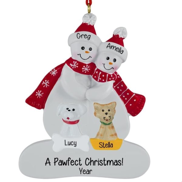 Personalized Snow Couple With Dog & Cat RED Scarves Ornament