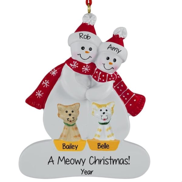 Personalized Snow Couple With 2 CATS RED Scarves Ornament