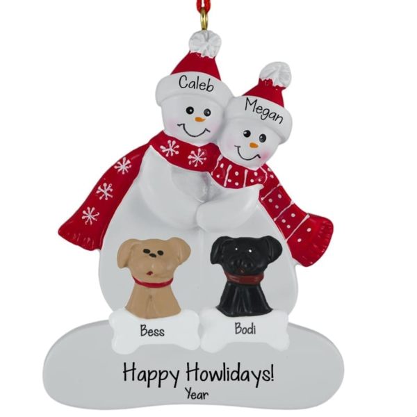 Snow Couple + 2 DOGS Personalized Christmas Ornament