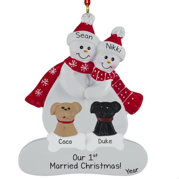 First Married Christmas Snow Couple With 2 DOGS Ornament