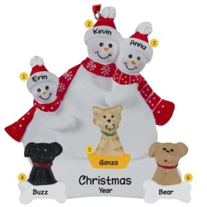 Personalized Snow Family Of 3 + 3 Pets Red Scarves Ornament