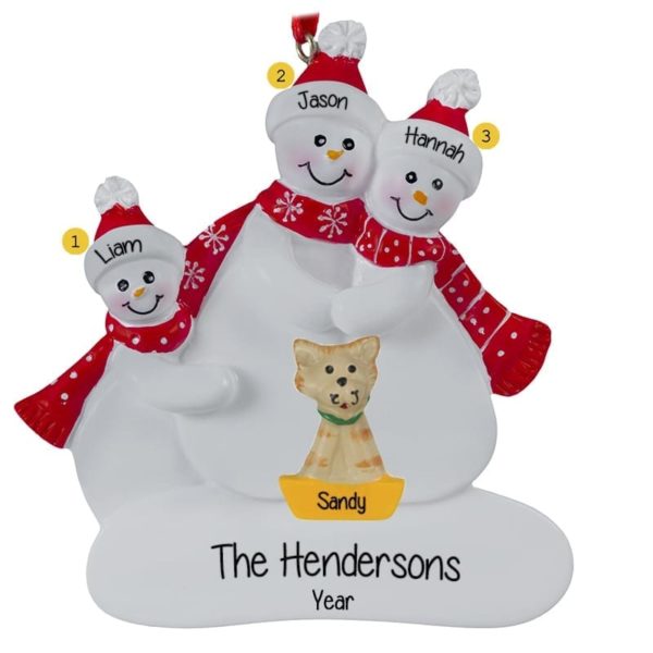 Personalized Snow Family Of 3 With CAT Red Scarves Ornament
