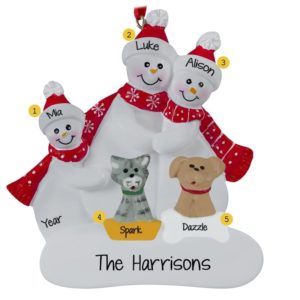 Personalized Snow Family Of 3 With CAT + DOG Ornament