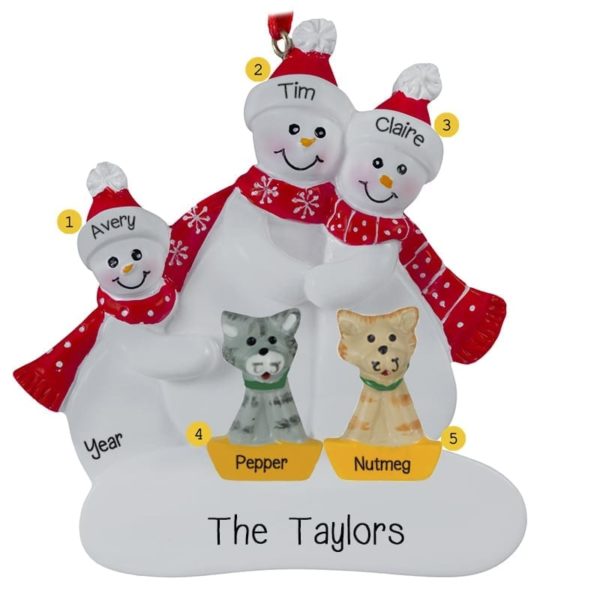 Personalized Snow Family Of 3 With 2 CATS Red Scarves Ornament