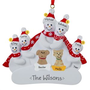 Snow Family Of 5 With A CAT & DOG Ornament