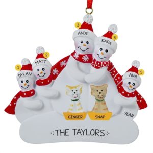 Snow Family Of 5 With 2 CATS Ornament