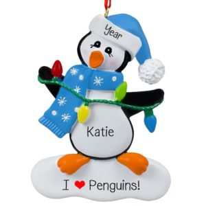 Penguin Christmas Lights Wearing Blue Hat & Scarf Ornament
