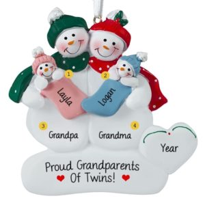 Snow Couple Grandparents Holding GIRL BOY Twins Ornament