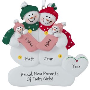 Personalized Snow Couple Holding Twin GIRLS  Ornament