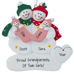 Grandparents Holding Twin GIRLS Snow Couple Ornament