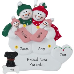 Snow Couple Holding Twin GIRLS + DOG  Ornament