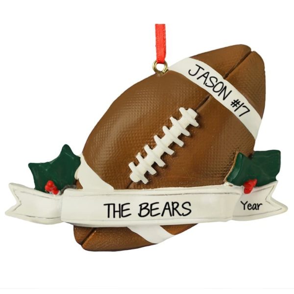 Football On Banner With Holly Leaves Personalized Ornament