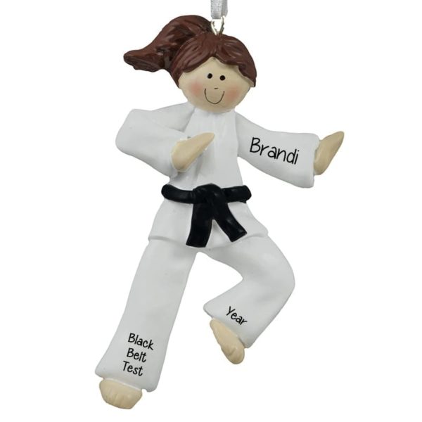 Karate GIRL BLACK Belt Personalized Ornament BRUNETTE
