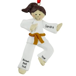 Karate GIRL BROWN Belt Personalized Ornament BRUNETTE
