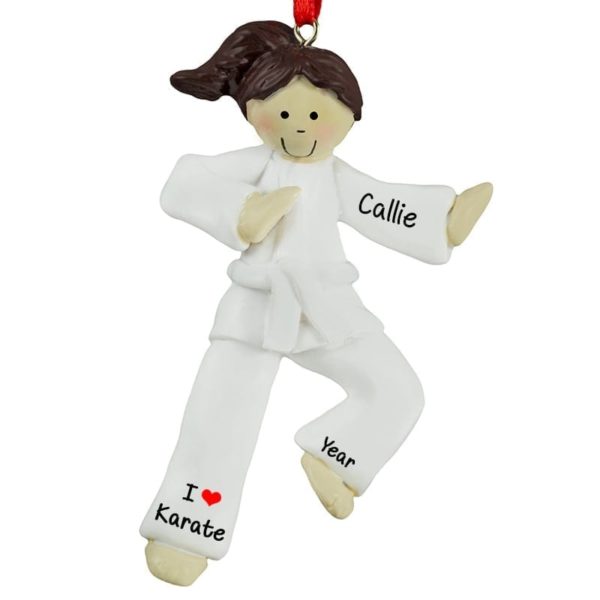 Karate GIRL WHITE Belt Personalized Ornament BRUNETTE
