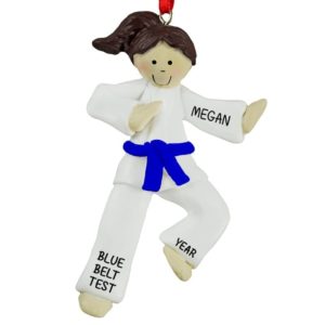 Karate GIRL BLUE Belt Personalized Ornament BRUNETTE