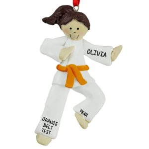 Image of Karate GIRL ORANGE Belt Personalized Ornament BRUNETTE